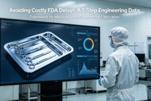 A hyper-realistic photo in a high-cleanliness medical device manufacturing cell, showing an engineer reviewing a 3D model of a surgical tray alongside real-time DFM and SPC data on a large touchscreen, with the article title overlaid.
