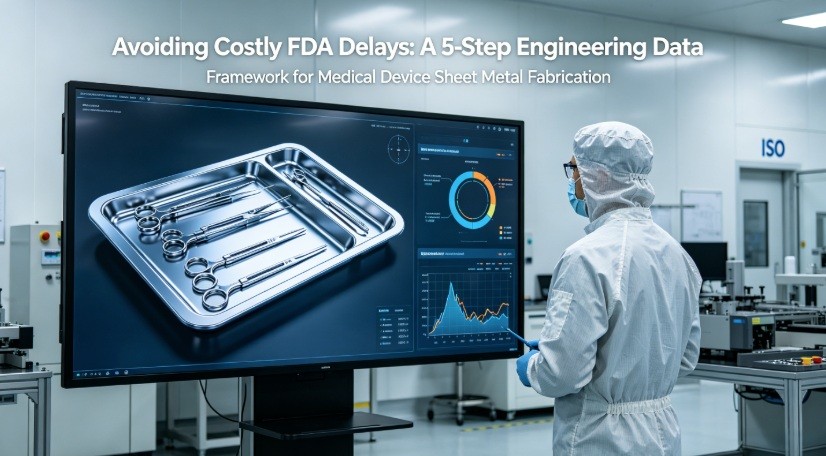 A hyper-realistic photo in a high-cleanliness medical device manufacturing cell, showing an engineer reviewing a 3D model of a surgical tray alongside real-time DFM and SPC data on a large touchscreen, with the article title overlaid.