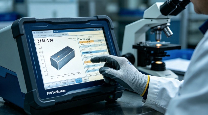 Close-up, realistic shot in a metallurgy lab, showing an engineer's gloved hand using an Optical Emission Spectrometer to perform Positive Material Identification (PMI) on a batch of medical-grade stainless steel, comparing results against ASTM standards.